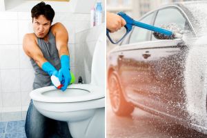 Dad gleefully cleans his family’s bathroom with a car wash sprayer and people are inspired