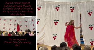 Elementary teacher steps in when the audio suddenly cuts out during school talent show