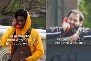 Strangers answer a mysterious red telephone on a bridge