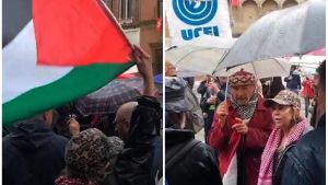 Blitz dei Pro Pal in piazza, bandiere e battibecco con i rappresentanti della Comunità ebraica