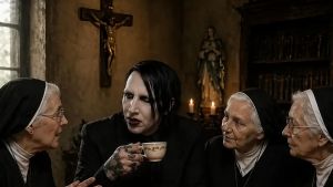 Marilyn Manson che sorseggia un caffè con le suore: polemiche su foto (fatta con l’AI) e frasi del sindaco di Ferrara
