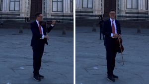 Nardella suona ‘Bella ciao’ all’alba nella piazza deserta: “La politica oggi è un violino stridente”