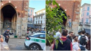Sciame di api su una colonna dell’Arengario, arriva l’esperto con la macchina aspira-insetti (che ora rischia la multa)