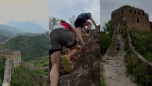 Veintisiete kilómetros corriendo (y trepando) por la Muralla China: dos langreanos y un ovetense completa una prueba de una dureza extrema: 