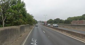 Lane closed on A47 after crash involving lorry and motorbike