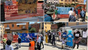 Mostra ‘Cantieri d’arte’: installazioni e dipinti colorano i lavori per il tram. Umarells in prima fila nonostante il caldo