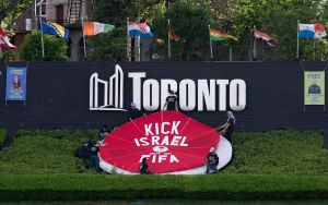 Activists rally to ‘kick Israel out of FIFA’ despite team’s absence from World Cup