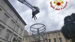 Gabbiano incastrato nel monumento in ricordo delle foibe, liberato dai vigili del fuoco