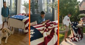 11-year-old boy shows his American pride by crocheting 8-foot flag using 60 skeins of yarn
