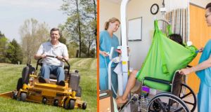 Quadriplegic man shows off his custom Hoyer lift truck that helps him run lawn care business