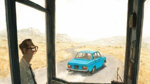 Una Volvo color azzurro cielo davanti al doganiere zelante