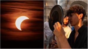 La magia dell’eclissi dalla Torre di Pisa. Dopo le nuvole vince il sole e lo spettacolo lascia tutti a bocca aperta