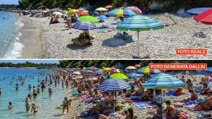 L’IA ridisegna Portonovo, con il maxi campeggio spiagge come un formicaio