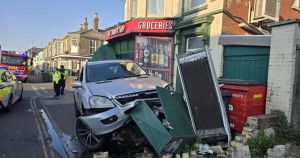 No arrests made after Mercedes crashes into seaside corner shop
