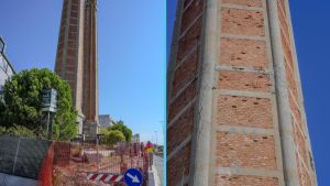 Livorno, cadono pezzi di cemento dalle ex ciminiere: pedoni a rischio e traffico nel caos
