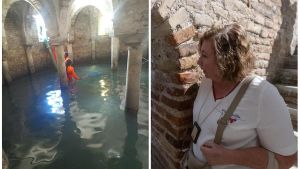 “I mosaici erano spariti”, pulita la cripta allagata di San Francesco. Vigili del fuoco, scout e padre Ivo al lavoro