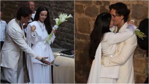 Il matrimonio di Damiano David e Dove Cameron. Lungo bacio davanti ai fan, la magnum di Brunello e il boato al “sì”