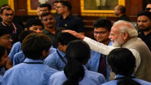 PM Modi interacts with school children at Samvidhan Sadan | Watch